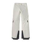 Rear view of the birch white Patagonia Junior Powder Town Pants featuring a 2-layer H2No Performance Standard shell, 80g Thermogreen 100% recycled polyester insulation, an internal adjustable waistband with double-snap closure and zip fly, articulated knees, heavy-duty ankle scuff guards, internal boot gaiters with gripper elastic, and Grow-Fit extendable leg cuffs.