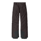 Front view of the black Patagonia Junior Powder Town Pants featuring a 2-layer H2No Performance Standard shell, 80g Thermogreen 100% recycled polyester insulation, an internal adjustable waistband with double-snap closure and zip fly, articulated knees, heavy-duty ankle scuff guards, internal boot gaiters with gripper elastic, and Grow-Fit extendable leg cuffs.