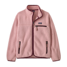 Front view of a pink Patagonia Junior Retro Pile Jacket featuring 100% recycled polyester double-sided shearling fleece, a full-length center-front zipper extending into a tall stand-up collar, flat-seam construction, set-in sleeves, elastic binding on the collar, cuffs, and hem, a contrast zippered left-chest pocket, and dual zippered handwarmer pockets with webbing pulls.