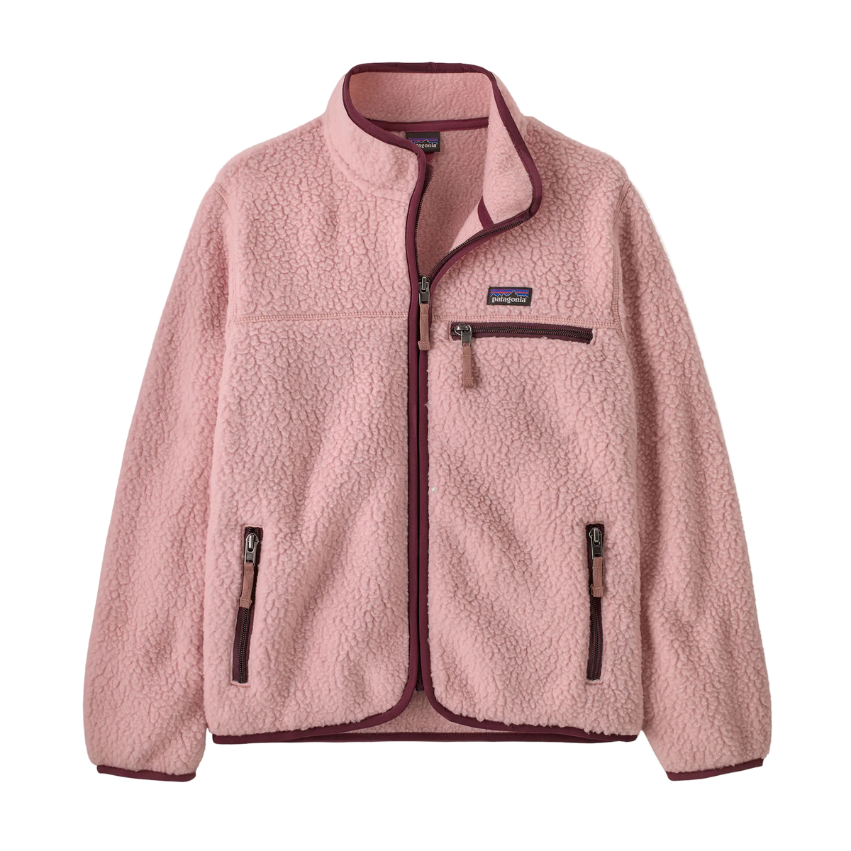 Front view of a pink Patagonia Junior Retro Pile Jacket featuring 100% recycled polyester double-sided shearling fleece, a full-length center-front zipper extending into a tall stand-up collar, flat-seam construction, set-in sleeves, elastic binding on the collar, cuffs, and hem, a contrast zippered left-chest pocket, and dual zippered handwarmer pockets with webbing pulls.