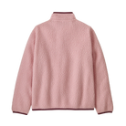 Rear view of a pink Patagonia Junior Retro Pile Jacket featuring 100% recycled polyester double-sided shearling fleece, a full-length center-front zipper extending into a tall stand-up collar, flat-seam construction, set-in sleeves, elastic binding on the collar, cuffs, and hem, a contrast zippered left-chest pocket, and dual zippered handwarmer pockets with webbing pulls.