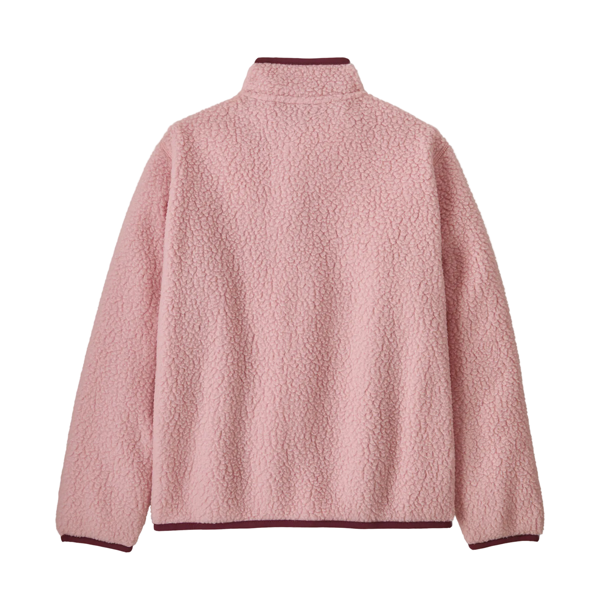 Rear view of a pink Patagonia Junior Retro Pile Jacket featuring 100% recycled polyester double-sided shearling fleece, a full-length center-front zipper extending into a tall stand-up collar, flat-seam construction, set-in sleeves, elastic binding on the collar, cuffs, and hem, a contrast zippered left-chest pocket, and dual zippered handwarmer pockets with webbing pulls.