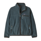 Front view of a blue Patagonia Junior Retro Pile Jacket featuring 100% recycled polyester double-sided shearling fleece, a full-length center-front zipper extending into a tall stand-up collar, flat-seam construction, set-in sleeves, elastic binding on the collar, cuffs, and hem, a contrast zippered left-chest pocket, and dual zippered handwarmer pockets with webbing pulls.