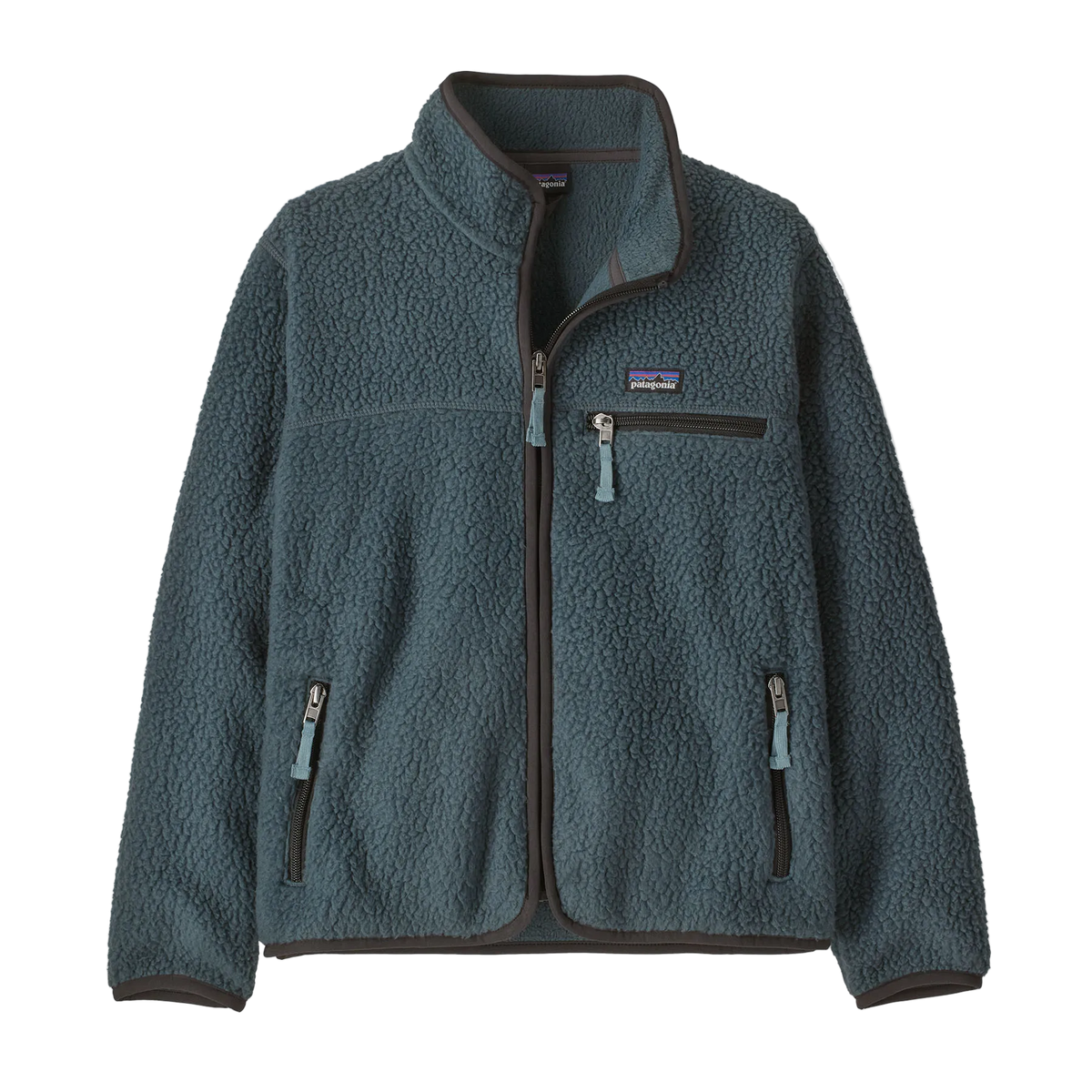 Front view of a blue Patagonia Junior Retro Pile Jacket featuring 100% recycled polyester double-sided shearling fleece, a full-length center-front zipper extending into a tall stand-up collar, flat-seam construction, set-in sleeves, elastic binding on the collar, cuffs, and hem, a contrast zippered left-chest pocket, and dual zippered handwarmer pockets with webbing pulls.