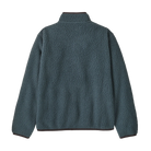 Rear view of a blue Patagonia Junior Retro Pile Jacket featuring 100% recycled polyester double-sided shearling fleece, a full-length center-front zipper extending into a tall stand-up collar, flat-seam construction, set-in sleeves, elastic binding on the collar, cuffs, and hem, a contrast zippered left-chest pocket, and dual zippered handwarmer pockets with webbing pulls.