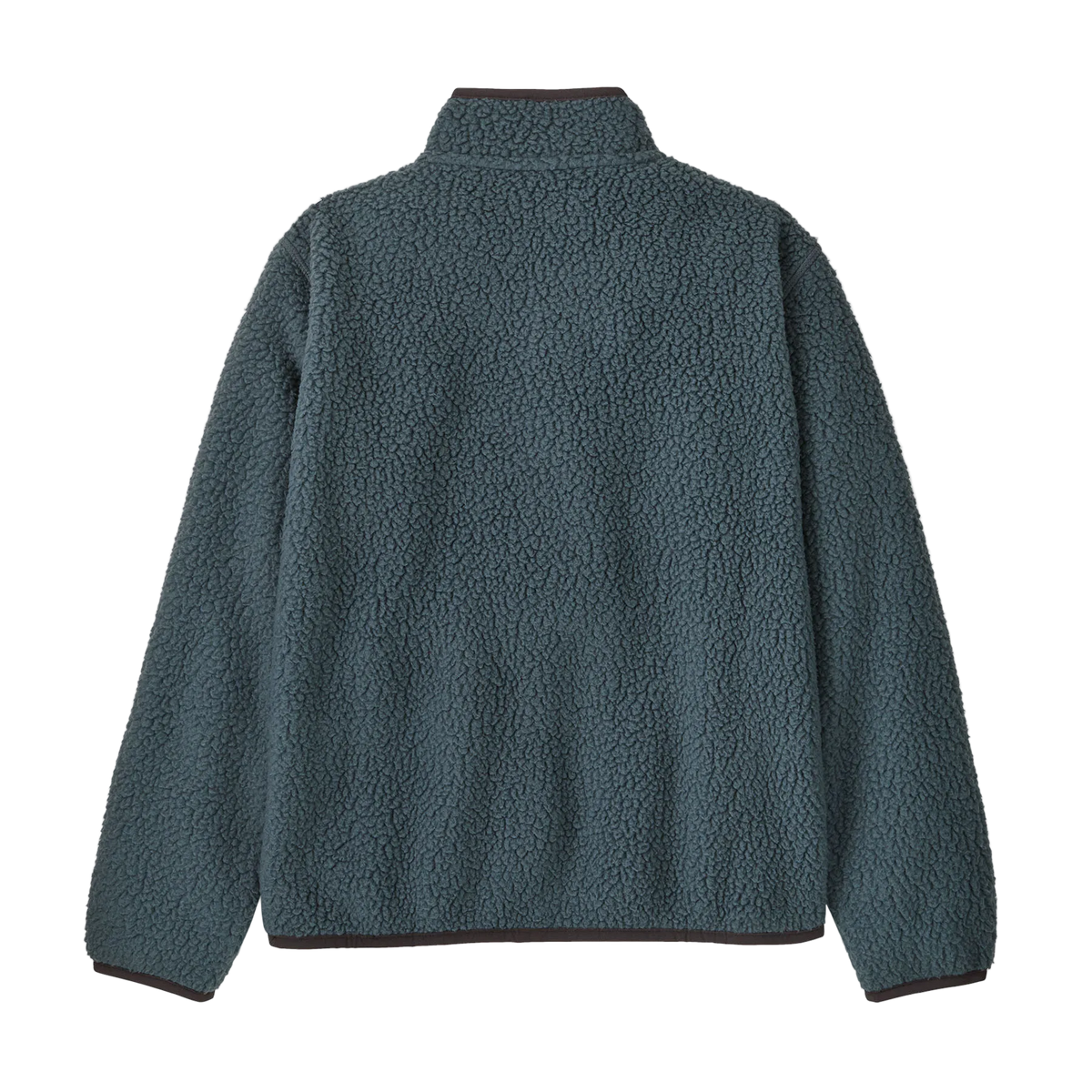 Rear view of a blue Patagonia Junior Retro Pile Jacket featuring 100% recycled polyester double-sided shearling fleece, a full-length center-front zipper extending into a tall stand-up collar, flat-seam construction, set-in sleeves, elastic binding on the collar, cuffs, and hem, a contrast zippered left-chest pocket, and dual zippered handwarmer pockets with webbing pulls.
