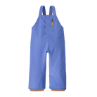 Front view of the diver blue Patagonia Junior Snow Pile Bib Pants featuring a 2-layer H2No Performance Standard shell, 100g Thermogreen 100% recycled polyester insulation, high-coverage bib torso with adjustable elastic shoulder straps, full-length center-front zipper with dual storm flaps, articulated knees, heavy-duty ankle scuff guards, internal boot gaiters with gripper elastic, and Grow-Fit extendable leg cuffs.