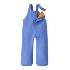 Front view of the diver blue Patagonia Junior Snow Pile Bib Pants featuring a 2-layer H2No Performance Standard shell, 100g Thermogreen 100% recycled polyester insulation, high-coverage bib torso with adjustable elastic shoulder straps, full-length center-front zipper with dual storm flaps, articulated knees, heavy-duty ankle scuff guards, internal boot gaiters with gripper elastic, and Grow-Fit extendable leg cuffs.