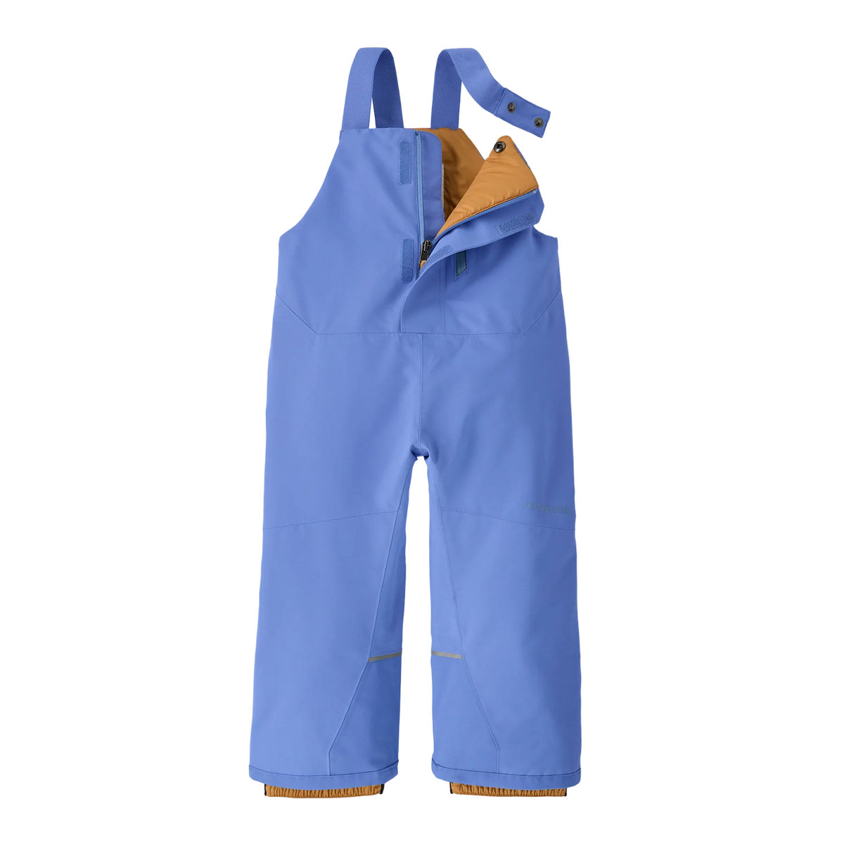 Front view of the diver blue Patagonia Junior Snow Pile Bib Pants featuring a 2-layer H2No Performance Standard shell, 100g Thermogreen 100% recycled polyester insulation, high-coverage bib torso with adjustable elastic shoulder straps, full-length center-front zipper with dual storm flaps, articulated knees, heavy-duty ankle scuff guards, internal boot gaiters with gripper elastic, and Grow-Fit extendable leg cuffs.
