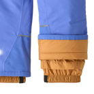 A close up of the diver blue Patagonia Junior Snow Pile Bib Pants featuring a 2-layer H2No Performance Standard shell, 100g Thermogreen 100% recycled polyester insulation, high-coverage bib torso with adjustable elastic shoulder straps, full-length center-front zipper with dual storm flaps, articulated knees, heavy-duty ankle scuff guards, internal boot gaiters with gripper elastic, and Grow-Fit extendable leg cuffs.