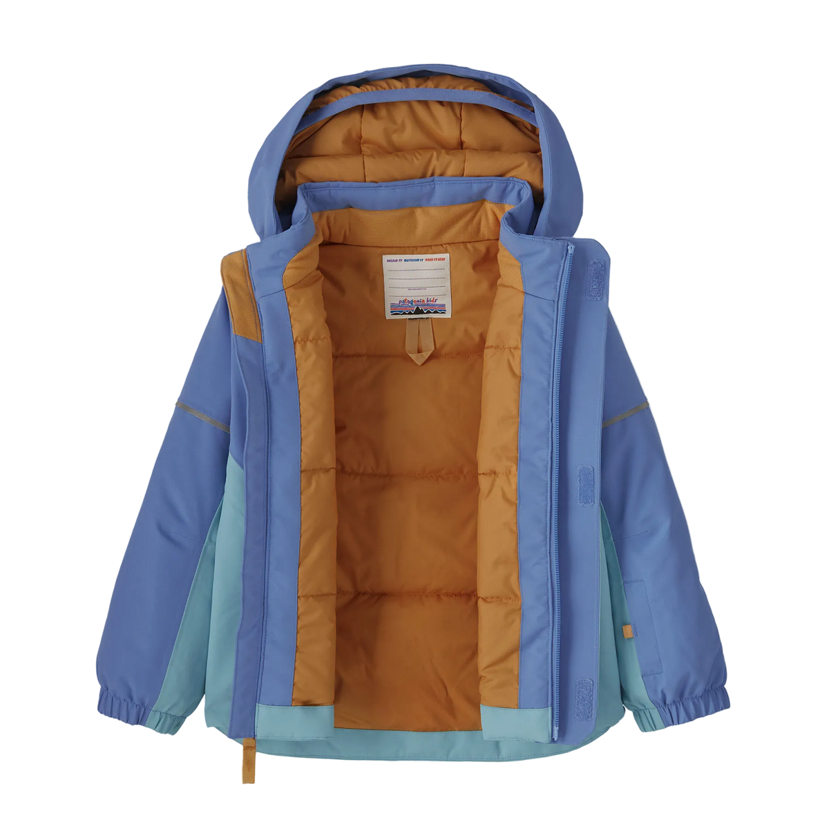Front view of the Patagonia Junior Snow Pile Jacket featuring a 2-layer H2No Performance Standard shell, 150g body and 100g sleeve Thermogreen 100% recycled polyester insulation, a removable three-panel hood with elasticized stay-put gusset, a waterproof full-length center-front zipper with internal wind flap, zippered handwarmer pockets, a sleeve pass pocket, adjustable cuffs with Grow-Fit extendable sleeves, and an embedded RECCO reflector.