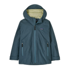 Front view of the summit blue Patagonia Junior Storm Shift Jacket featuring a 2-layer PFC-free GORE-TEX ePE waterproof shell, fully taped seams, a three-panel hood with a reinforced brim, a coated watertight center-front zipper, watertight zippered chest, handwarmer, and pass pockets, adjustable hook-and-loop wrist cuffs, an internal powder skirt, and an embedded RECCO reflector.