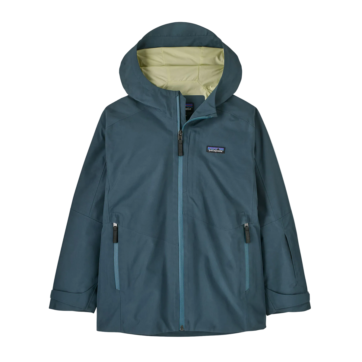 Front view of the summit blue Patagonia Junior Storm Shift Jacket featuring a 2-layer PFC-free GORE-TEX ePE waterproof shell, fully taped seams, a three-panel hood with a reinforced brim, a coated watertight center-front zipper, watertight zippered chest, handwarmer, and pass pockets, adjustable hook-and-loop wrist cuffs, an internal powder skirt, and an embedded RECCO reflector.