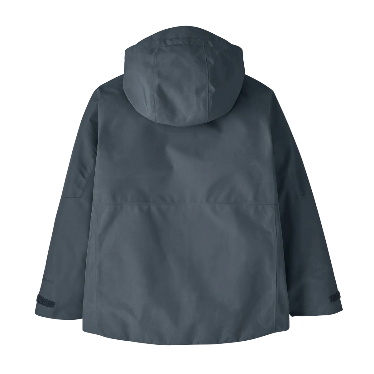 Rear view of the summit blue Patagonia Junior Storm Shift Jacket featuring a 2-layer PFC-free GORE-TEX ePE waterproof shell, fully taped seams, a three-panel hood with a reinforced brim, a coated watertight center-front zipper, watertight zippered chest, handwarmer, and pass pockets, adjustable hook-and-loop wrist cuffs, an internal powder skirt, and an embedded RECCO reflector.