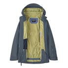 Front view of the summit blue Patagonia Junior Storm Shift Jacket featuring a 2-layer PFC-free GORE-TEX ePE waterproof shell, fully taped seams, a three-panel hood with a reinforced brim, a coated watertight center-front zipper, watertight zippered chest, handwarmer, and pass pockets, adjustable hook-and-loop wrist cuffs, an internal powder skirt, and an embedded RECCO reflector.