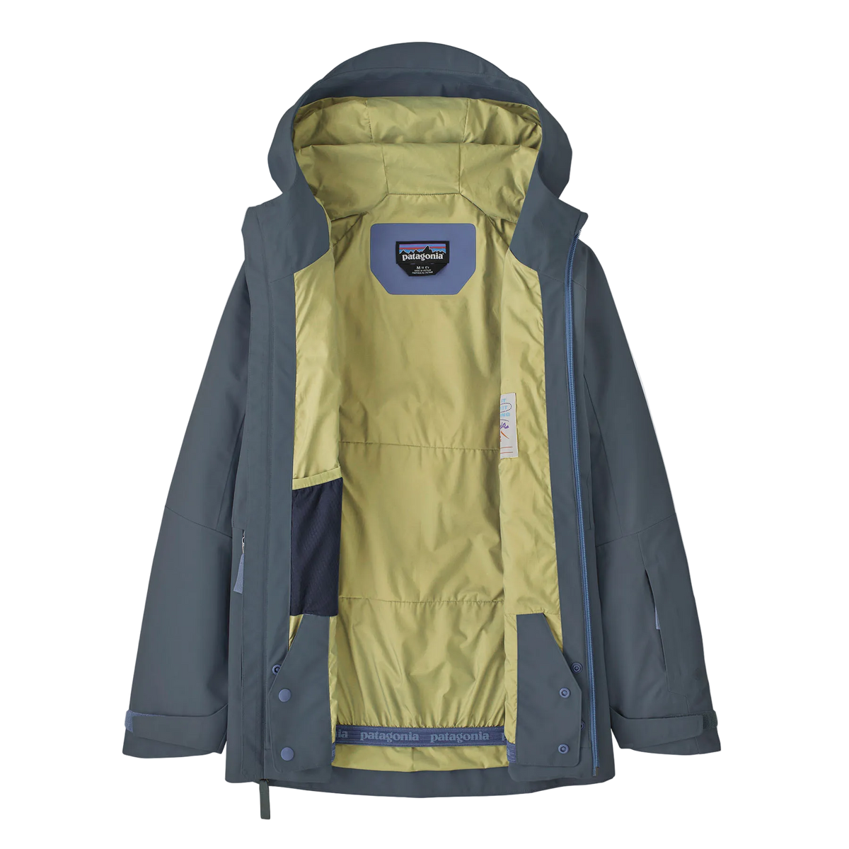 Front view of the summit blue Patagonia Junior Storm Shift Jacket featuring a 2-layer PFC-free GORE-TEX ePE waterproof shell, fully taped seams, a three-panel hood with a reinforced brim, a coated watertight center-front zipper, watertight zippered chest, handwarmer, and pass pockets, adjustable hook-and-loop wrist cuffs, an internal powder skirt, and an embedded RECCO reflector.