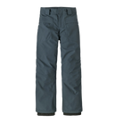 Front view of the summit blue Patagonia Junior Storm Shift Pants featuring a 2-layer PFC-free GORE-TEX ePE waterproof shell, adjustable waistband with double-snap closure and zip fly, zippered side thigh vents, covered zippered thigh pockets, heavy-duty ankle scuff guards, internal boot gaiters with gripper elastic, Grow-Fit extendable leg cuffs, and an embedded RECCO reflector.