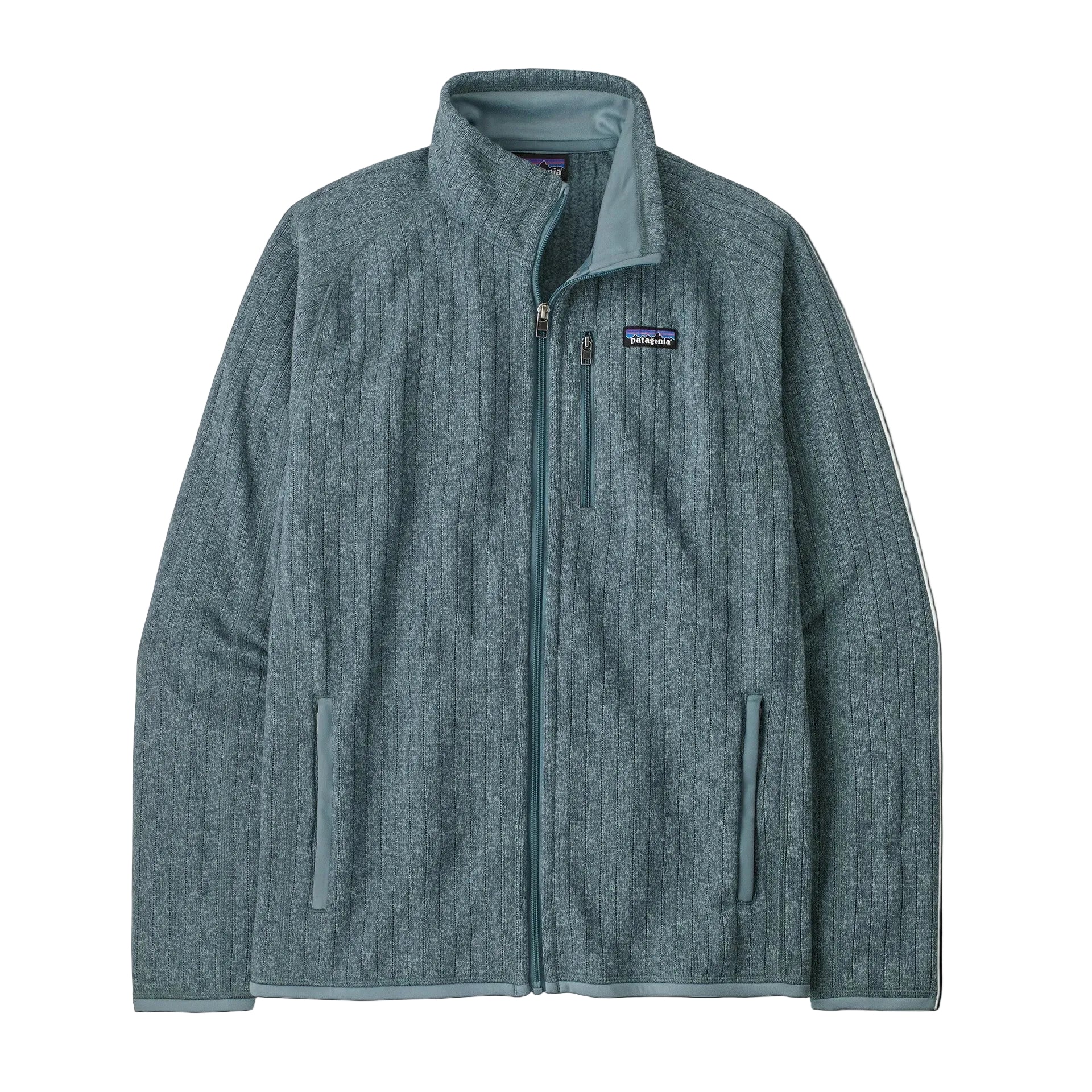 A blue sage rib knit men's Patagonia Better Sweater jacket that is made from recycled polyester and features a full-zip design.