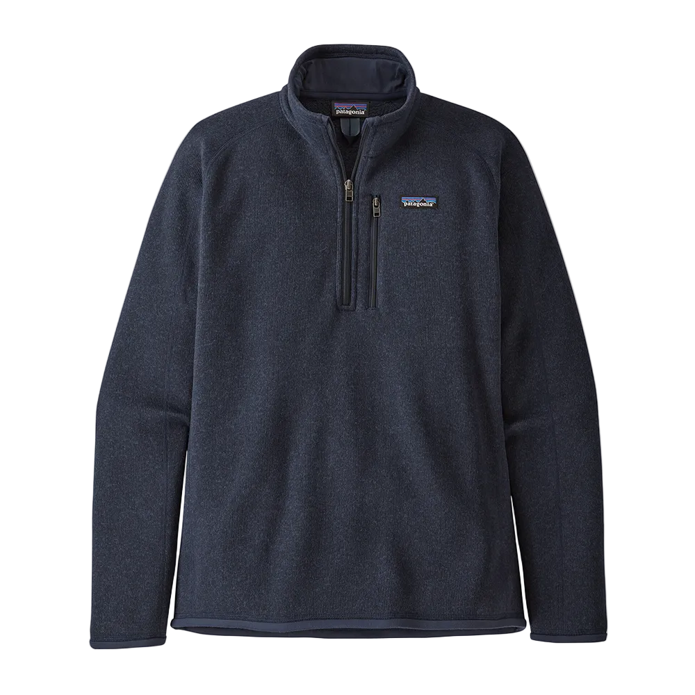 A men's New Navy Patagonia Better Sweater 1/4 Zip sweater that is made from recycled polyester and is stretchable and breathable.