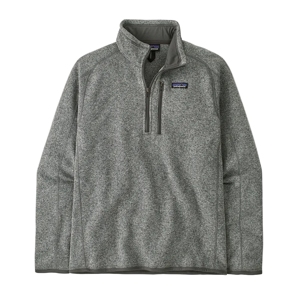 A men's Stonewash Patagonia Better Sweater 1/4 Zip sweater that is made from recycled polyester and is stretchable and breathable.