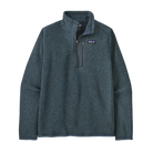 A men's Summit Blue Patagonia Better Sweater 1/4 Zip sweater that is made from recycled polyester and is stretchable and breathable.