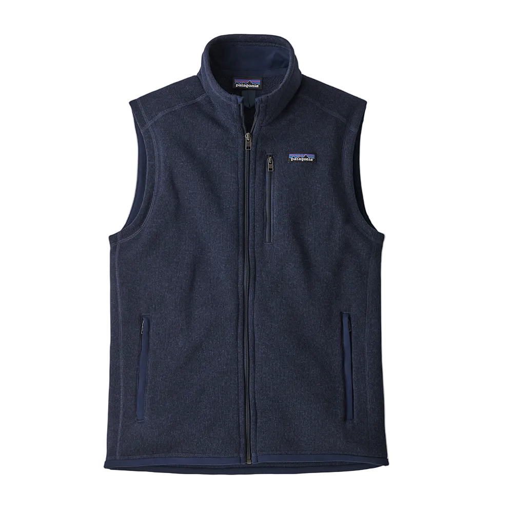 A men's New Navy Patagonia Better Sweater Vest that is made from recycled polyester and is breathable and stretchable.