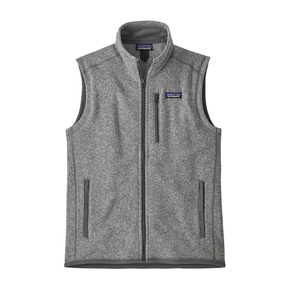 A men's Stonewash Patagonia Better Sweater Vest that is made from recycled polyester and is breathable and stretchable.