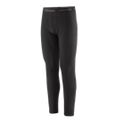 Front view of the black Patagonia Men's Capilene Thermal Weight Baselayer Bottoms featuring Polartec Power Grid fabric with an open-grid brushed interior, a flat elastic waistband, a functional fly, a gusseted crotch, and flatlock seam construction throughout the legs and cuffs.