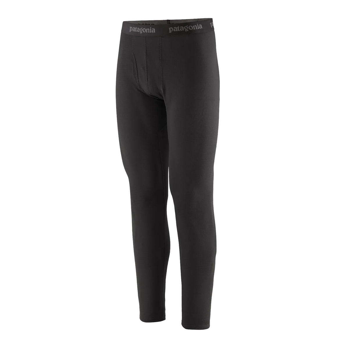 Front view of the black Patagonia Men's Capilene Thermal Weight Baselayer Bottoms featuring Polartec Power Grid fabric with an open-grid brushed interior, a flat elastic waistband, a functional fly, a gusseted crotch, and flatlock seam construction throughout the legs and cuffs.
