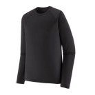 Front view of the black Patagonia Men's Capilene Thermal Weight Crew Baselayer featuring Polartec Power Grid fabric with an open-grid brushed interior, a self-fabric crewneck, offset shoulder seams, full underarm gussets, flatlock seam construction, elastic thumb loops, and a subtle drop-tail hem.