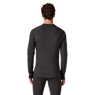 Rear view of the black Patagonia Men's Capilene Thermal Weight Crew Baselayer featuring Polartec Power Grid fabric with an open-grid brushed interior, a self-fabric crewneck, offset shoulder seams, full underarm gussets, flatlock seam construction, elastic thumb loops, and a subtle drop-tail hem.