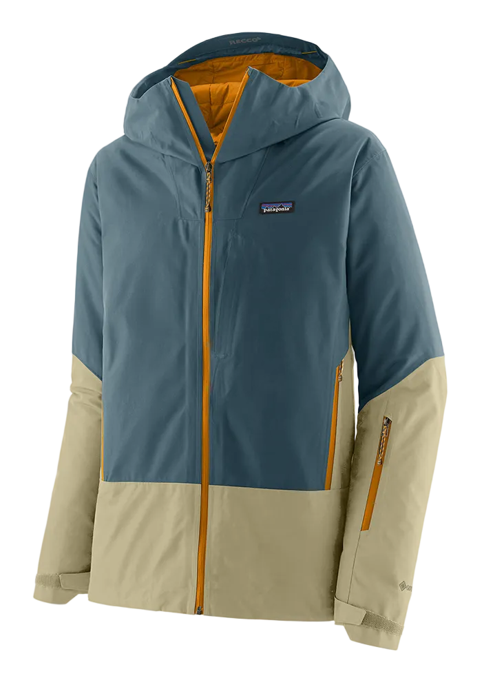 Patagonia Men’s Insulated Storm Shift Jacket showing 2-layer GORE-TEX recycled shell, body-mapped Thermogreen insulation, helmet-compatible hood, watertight center zipper, forearm pass pocket, and pit venting zips.