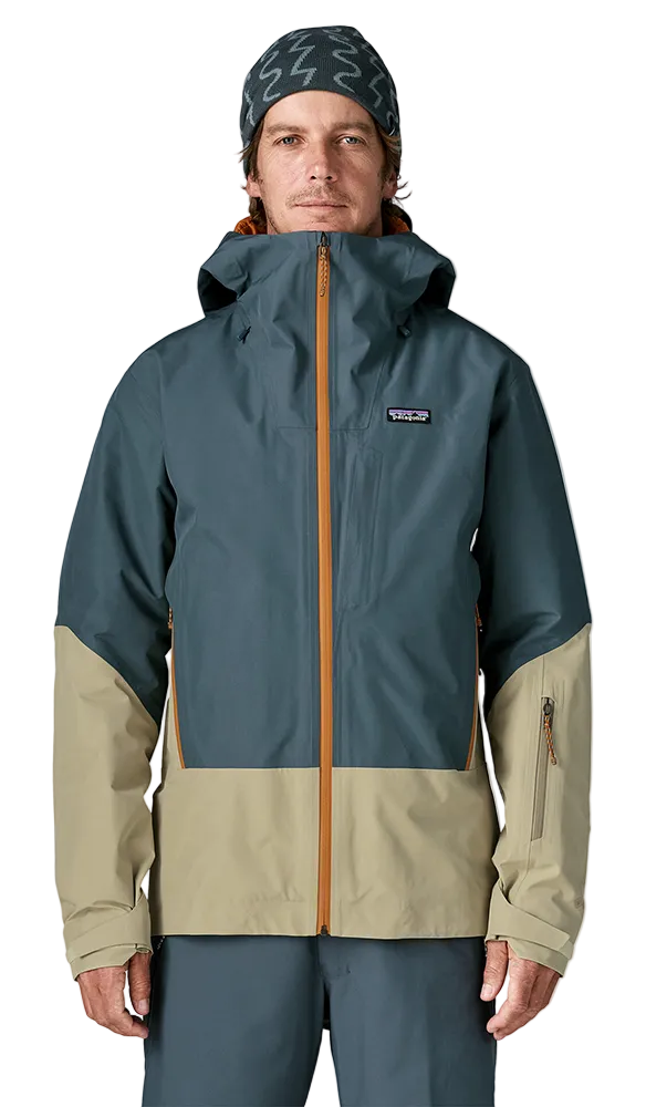 Patagonia Men’s Insulated Storm Shift Jacket showing 2-layer GORE-TEX recycled shell, body-mapped Thermogreen insulation, helmet-compatible hood, watertight center zipper, forearm pass pocket, and pit venting zips.