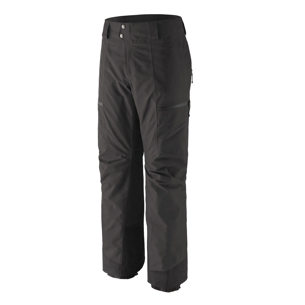 Front view of the Patagonia Men's Insulated Storm Shift Pants featuring a 2-layer GORE-TEX ePE fabric shell, 60g Thermogreen 100% recycled polyester insulation, an adjustable waist with dual-snap closure and belt loops, watertight zippered handwarmer and thigh pockets, mesh-lined thigh ventilation zips, articulated knees, inner ankle scuff guards, internal boot gaiters with gripper elastic, and an integrated RECCO reflector.