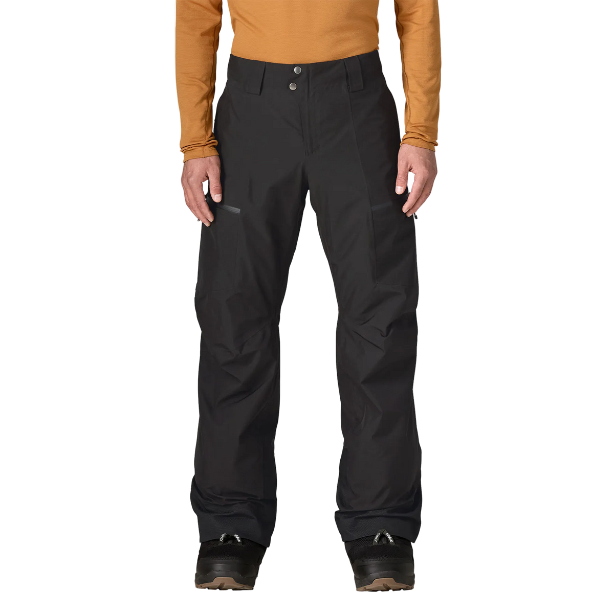 Front view of the Patagonia Men's Insulated Storm Shift Pants featuring a 2-layer GORE-TEX ePE fabric shell, 60g Thermogreen 100% recycled polyester insulation, an adjustable waist with dual-snap closure and belt loops, watertight zippered handwarmer and thigh pockets, mesh-lined thigh ventilation zips, articulated knees, inner ankle scuff guards, internal boot gaiters with gripper elastic, and an integrated RECCO reflector.