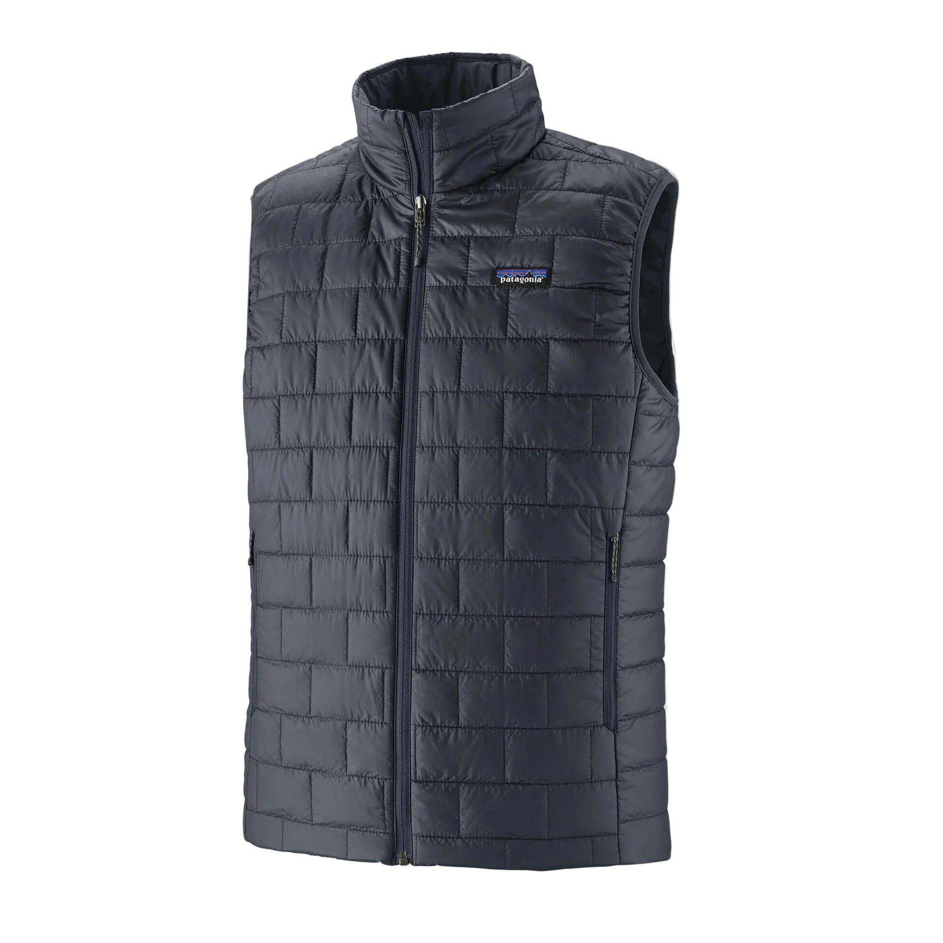 A smolder blue men's Patagonia Nano Puff Vest that is made from recylcled polyester and is designed for harsh winter conditions.
