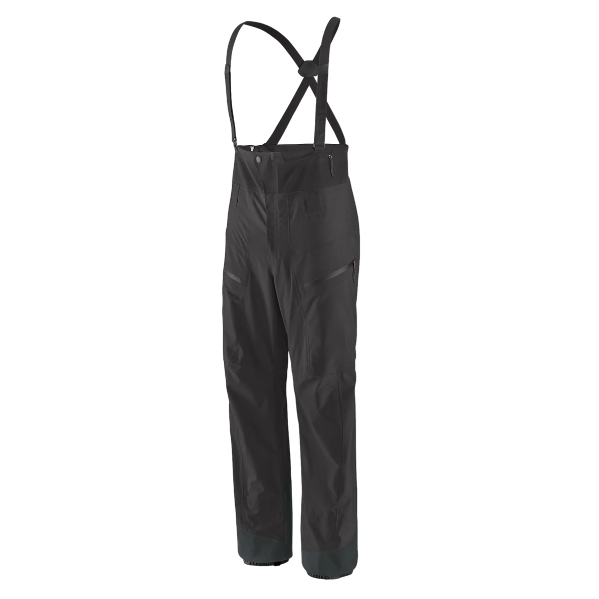 Front view of the Patagonia Men's PowSlayer Bib Pants featuring a 3-layer GORE-TEX Pro shell construction with a 100% recycled nylon face fabric, a low-profile bib with adjustable elastic suspenders, a full-coverage drop-seat configuration, watertight Vislon side ventilation zippers, dual thigh cargo pockets, a central chest pocket, inner ankle scuff guards, internal boot gaiters with gripper elastic, and a built-in RECCO reflector.