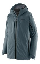 Patagonia Men’s Powslayer Jacket showing 3-layer GORE-TEX Pro recycled shell fabric, watertight Vislon center zipper, helmet-compatible hood with laminated visor, oversized chest skin pockets, and pit venting zippers.