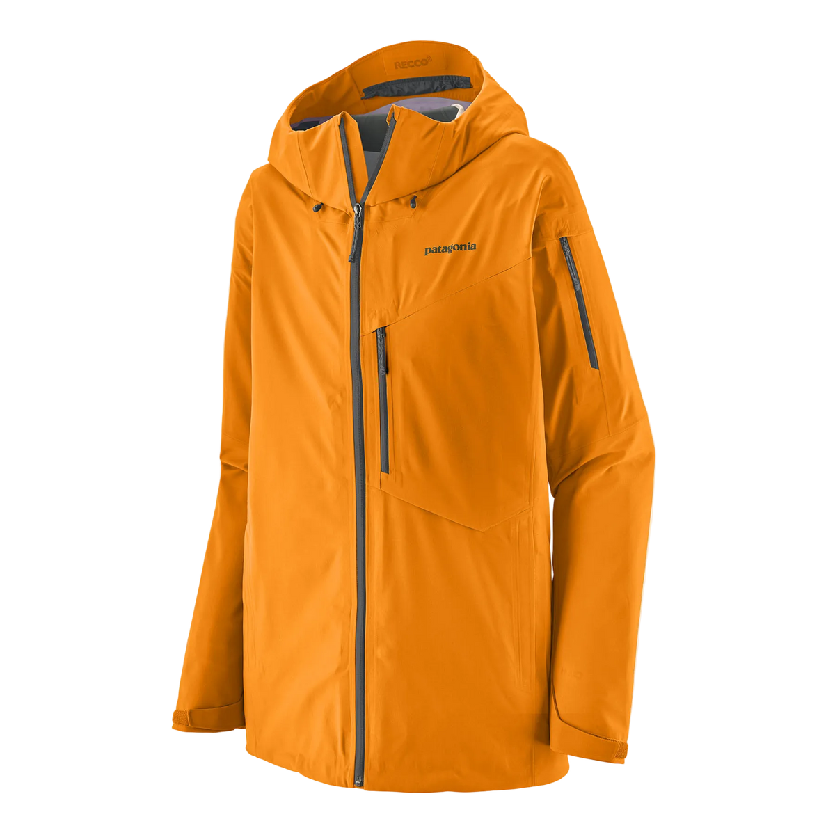 Front view of the Patagonia Men's SnowDrifter Jacket featuring a 3-layer H2No Performance Standard waterproof stretch shell fabric, a soft knit backer, a two-way adjustable helmet-compatible hood with laminated visor, a watertight full-length center-front zipper, pit zips for underarm ventilation, dual zippered chest pockets, dual zippered handwarmer pockets, an arm pass pocket, adjustable hook-and-loop cuffs, an adjustable powder skirt, and an embedded RECCO reflector.