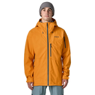 Front view of the Patagonia Men's SnowDrifter Jacket featuring a 3-layer H2No Performance Standard waterproof stretch shell fabric, a soft knit backer, a two-way adjustable helmet-compatible hood with laminated visor, a watertight full-length center-front zipper, pit zips for underarm ventilation, dual zippered chest pockets, dual zippered handwarmer pockets, an arm pass pocket, adjustable hook-and-loop cuffs, an adjustable powder skirt, and an embedded RECCO reflector.