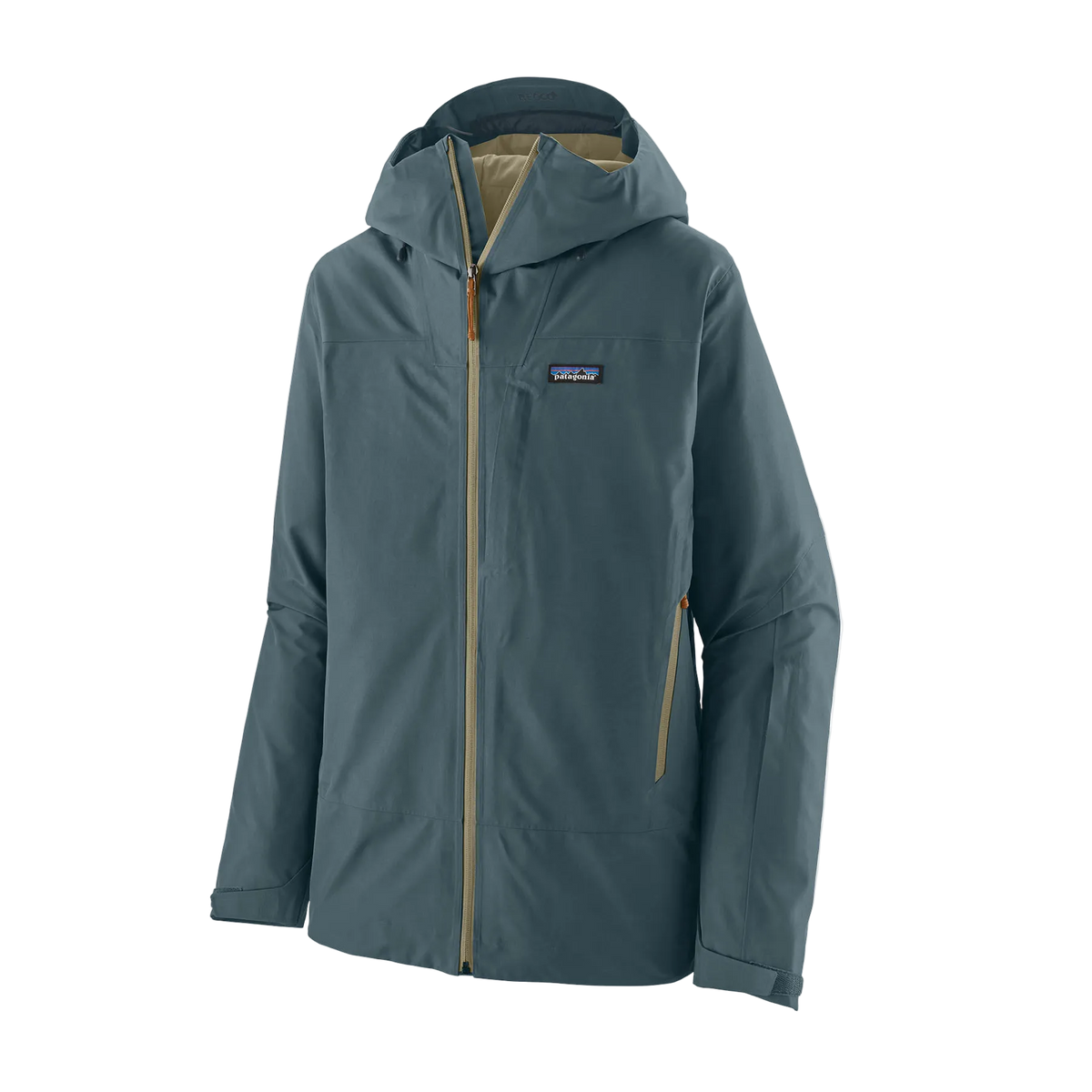 Front view of the Patagonia Men's Storm Shift Jacket featuring a 2-layer GORE-TEX fabric with 100% recycled polyester shell, a body-mapped zig-zag fleece lining, an adjustable two-way hood with visor, a watertight center-front zipper with storm flap, underarm pit zips for ventilation, dual zippered handwarmer pockets, a zippered chest pocket, an integrated powder skirt, and a built-in RECCO reflector.
