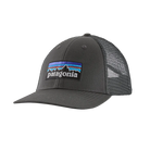 Front view of a forge grey Patagonia P-6 Logo LoPro Trucker Hat featuring an organic cotton canvas front crown, embroidered original artwork, NetPlus precurved brim, recycled polyester mesh back, and an adjustable rear snap closure.