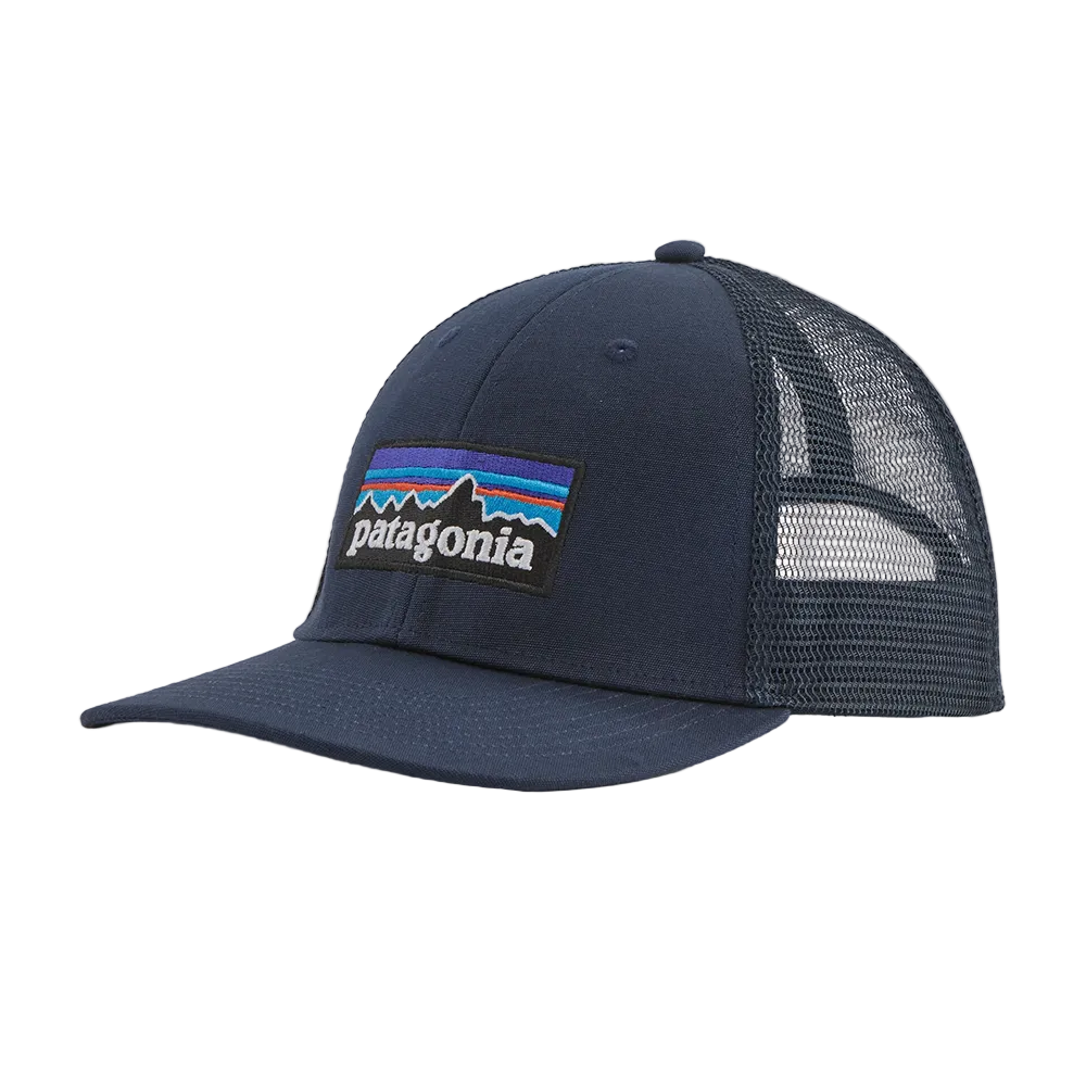 Front view of a new navy Patagonia P-6 Logo LoPro Trucker Hat featuring an organic cotton canvas front crown, embroidered original artwork, NetPlus precurved brim, recycled polyester mesh back, and an adjustable rear snap closure.