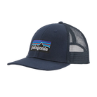 Front view of a new navy Patagonia P-6 Logo LoPro Trucker Hat featuring an organic cotton canvas front crown, embroidered original artwork, NetPlus precurved brim, recycled polyester mesh back, and an adjustable rear snap closure.
