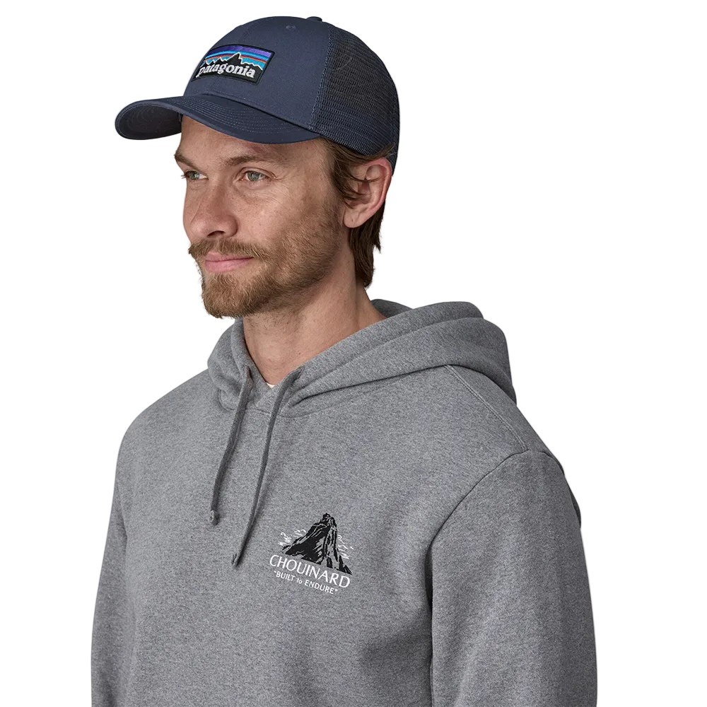 Front view of a new navy Patagonia P-6 Logo LoPro Trucker Hat featuring an organic cotton canvas front crown, embroidered original artwork, NetPlus precurved brim, recycled polyester mesh back, and an adjustable rear snap closure.