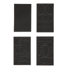 Patagonia Patch Kit shown with four sheets of black, pressure-sensitive Tenacious Tape adhesive repair patches in various pre-cut and customizable shapes.