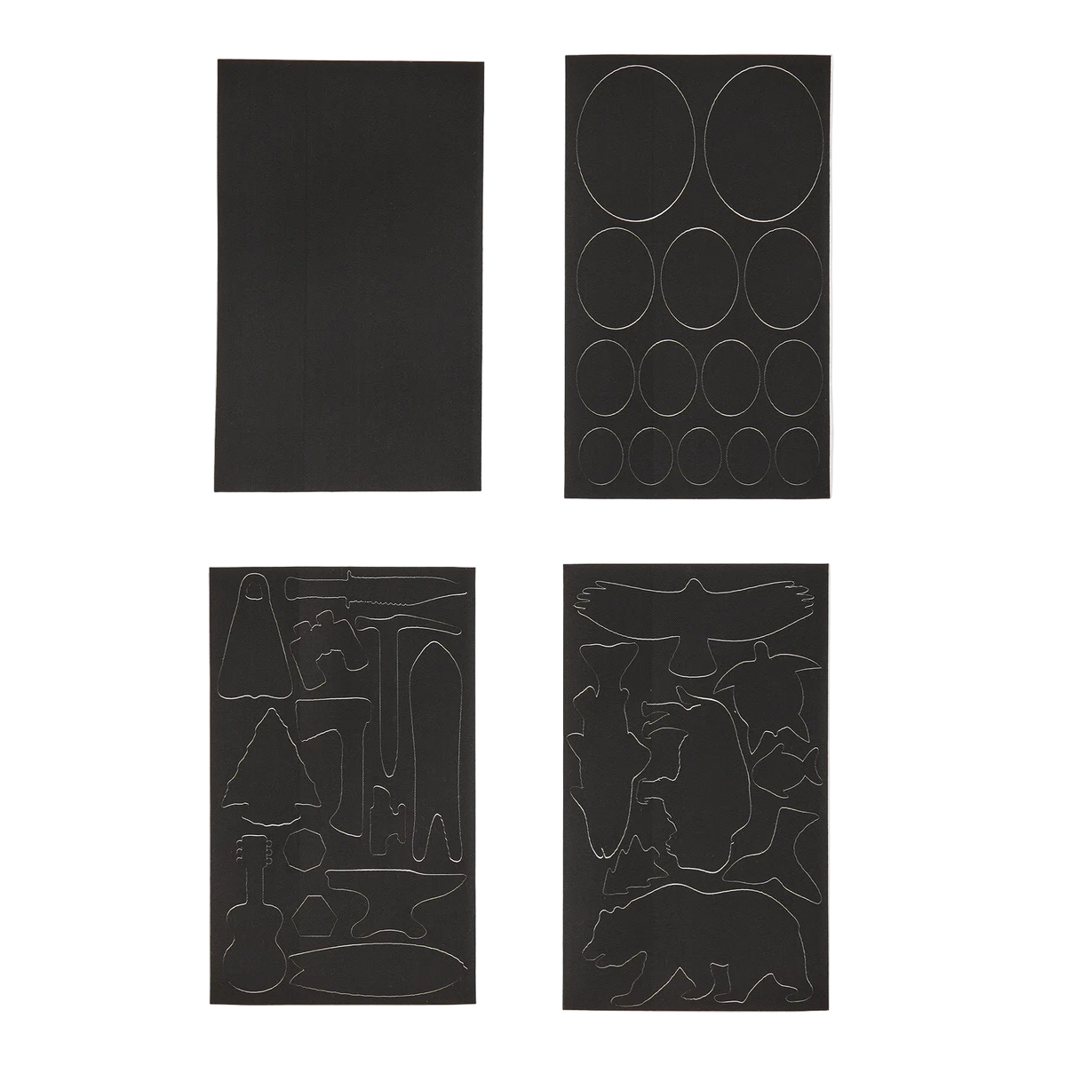 Patagonia Patch Kit shown with four sheets of black, pressure-sensitive Tenacious Tape adhesive repair patches in various pre-cut and customizable shapes.