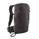 Front view of a black Patagonia SnowDrifter Pack 20L featuring weather-resistant recycled nylon ripstop fabric, diagonal ski and vertical snowboard carry loops, a front avalanche safety gear pocket, fleece-lined top goggle pocket, and shoulder harness accessory pockets.