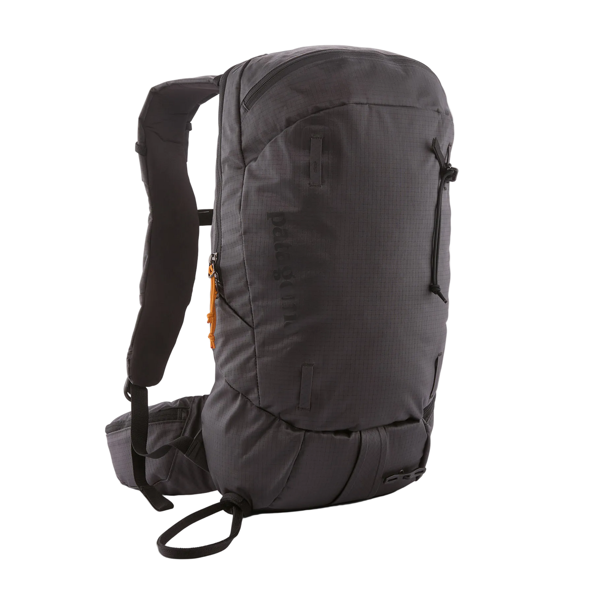 Front view of a black Patagonia SnowDrifter Pack 20L featuring weather-resistant recycled nylon ripstop fabric, diagonal ski and vertical snowboard carry loops, a front avalanche safety gear pocket, fleece-lined top goggle pocket, and shoulder harness accessory pockets.