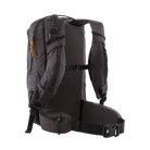 Rear view of a black Patagonia SnowDrifter Pack 20L featuring weather-resistant recycled nylon ripstop fabric, diagonal ski and vertical snowboard carry loops, a front avalanche safety gear pocket, fleece-lined top goggle pocket, and shoulder harness accessory pockets.